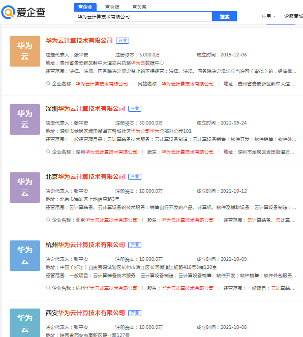 北京华为云计算技术有限公司成立，同期注册西安、杭州等公司