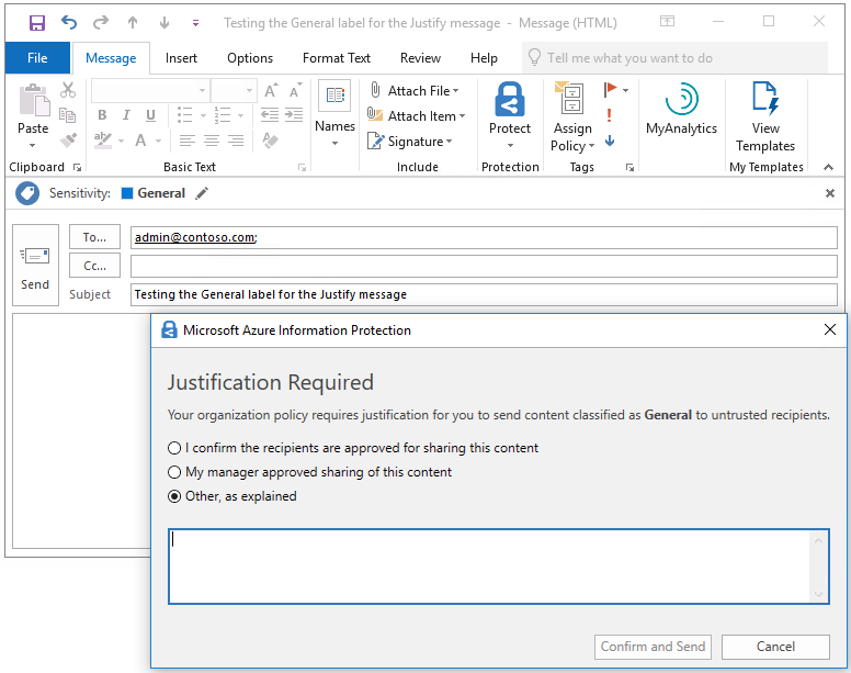 Microsoft Azure 信息保护要求提供发送已分类邮件理由的屏幕截图。