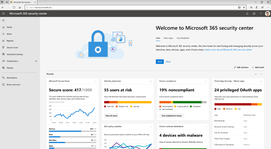 Microsoft 365 安全中心仪表板的屏幕截图。