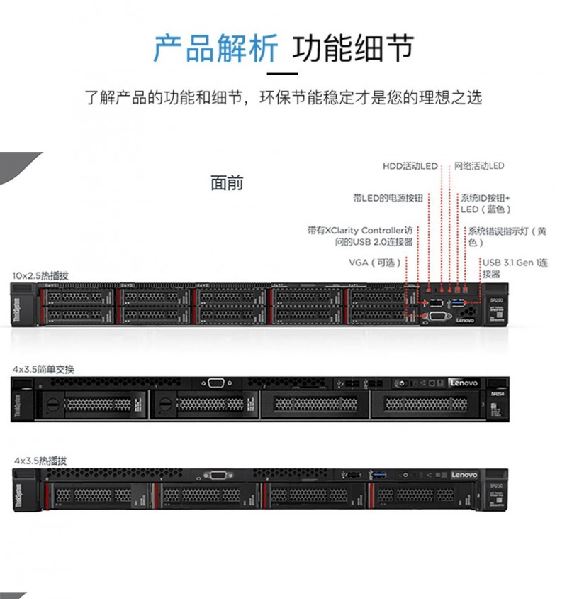 联想服务器Lenovo SR258(替代X3250M6)1U机架式服务器主机(3.5英寸) 易插拔机型：至强E-2124 4核3.3G 8G内存 2块1T硬盘 RAID1