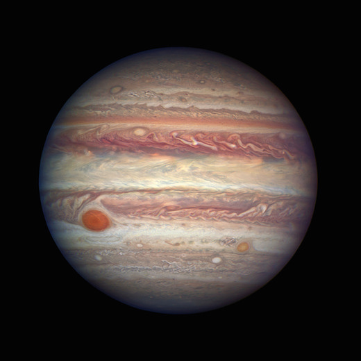 美国宇航局的哈勃望远镜在2017年4月拍摄了木星的特写照片。图片来源：美国宇航局，欧洲航天局和西蒙（美国宇航局戈达德）。