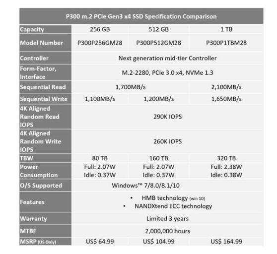Patriot 上市新产品：P300 Gen3 x4 NVMe M.2 最高1TB SSD
